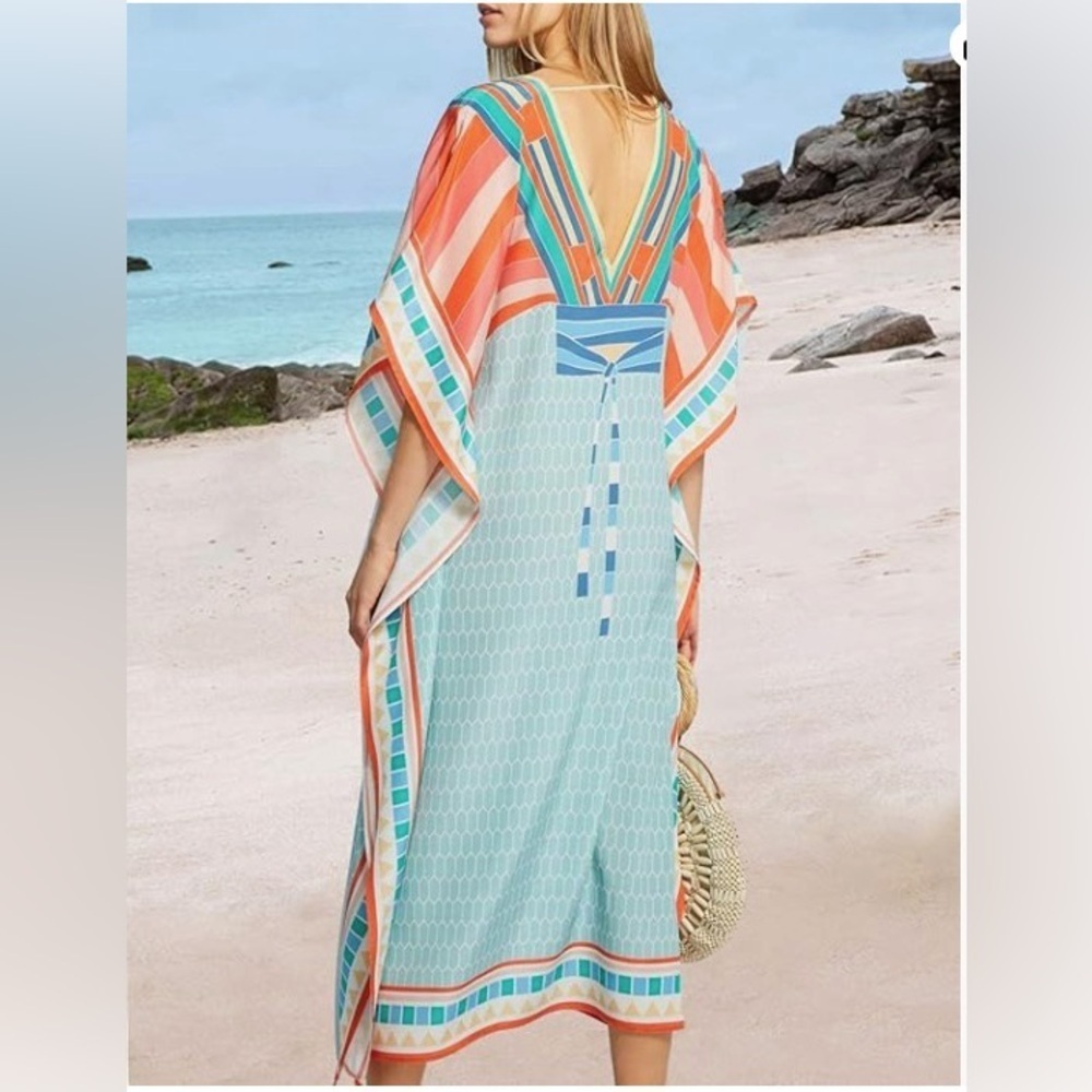 Batwing Sleeve Beach Robe Kaftan Dress Women Long Swimsuit Cover Up - Picture 2 of 9